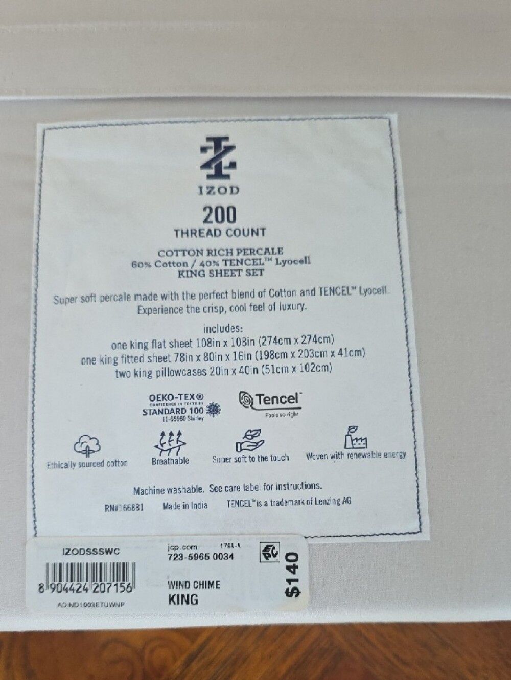 Izod Cream Wind Chime 4-piece King Sheet Set - 200 Thread Count - NEW - Picture 4 of 4